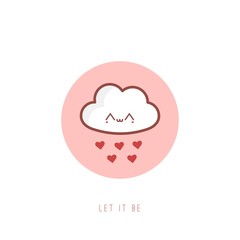Cute Kawaii Cloud and hearts. St Valentine's day theme. Love, romantic concept. Japanese cartoon manga style. Funny anime character with face. Trendy Vector illustration. Greeting Card with text