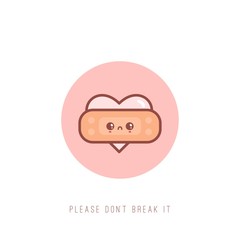 Cute Kawaii Heart with patch. St Valentine's day theme. Love, romantic concept. Japanese cartoon manga style. Funny anime character with face. Trendy Vector illustration. Greeting Card with text