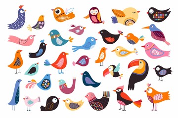 Birds collection with different abstract decorative elements, isolated on white
