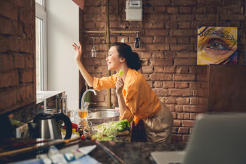 Smiling lady looking out the window and doing hello gesture © Viacheslav Yakobchuk