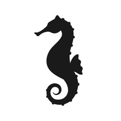 Isolated black silhouette of seahorse on white background. Side view. Silhouette of marine animal. Sea horse. © olkita