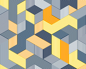 3D cubes seamless pattern vector background, lined dimensional blocks, architecture and construction, geometric design.