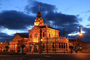 Historic post office (built 1886) in Traralgon, Victoria, Australia at twilight. 