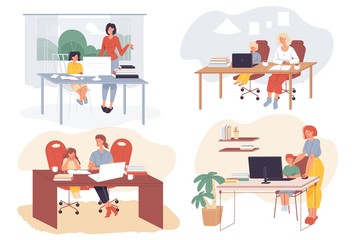 Kids distance learning, online education in room. Homeschooling, e-learning service, education software. Mother help junior child studying scene set. Internet class. Stay at home reduce infection risk