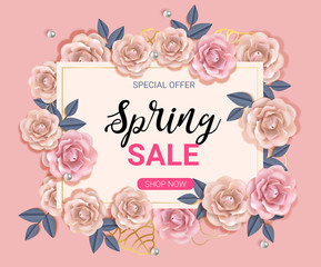 Big Spring sale banner with beautiful flower roses women style,template with background and gold frame. Spring offer ads for e-commerce, on-line cosmetics shop, fashion & beauty shop, store. Vector