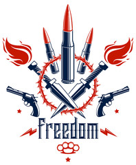 Revolution and War vector emblem with bullets and guns, logo or tattoo with lots of different design elements, riot partisan warrior, criminal and anarchist style, social tension theme.
