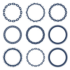 Round frames from chain thorn and rope, vector design elements set, circle shape borders.