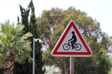 Cycling traffic sign on the tree background