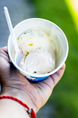 Paper cup with balls of ice cream.