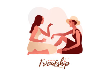 Two stylish model girls gossiping vector illustration. One excited girl whispers private secret or rumours to her friend. Pastel pale colors.