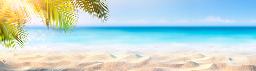 Summer Banner - Sunny Sand With Palm Leaves In Tropical Beach
