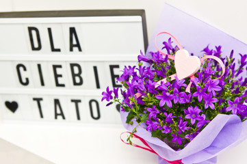 Polish text meaning For You Dad with campanula flowers gift on white.