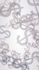 Gray translucent dollar signs on dark background. Gray tones. 3D illustration