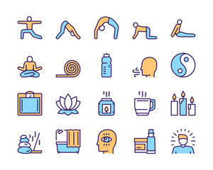 Vector color linear icon set of yoga lifestyle, asana, meditation