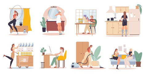Woman character work recreation daily life routine scenes set. Everyday work activities. Morning workout, hygiene procedure, breakfast, dish washing, apartment cleaning, shopping, friends meeting