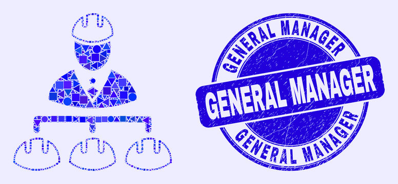 Geometric engineer hierarchy mosaic icon and General Manager watermark. Blue vector rounded distress watermark with General Manager caption.