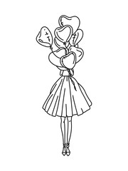 Sweet girl with pink balloon in the shape of a heart. Stylish young woman in azure dress. Hand draw, design, sketch for postcard, notepad, card. Hand drawn woman in fashion clothes. Line art drawing