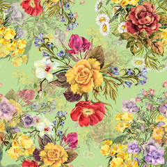 Watercolor bouquet different flowers with leaves on green background. Seamless pattern for fabric.