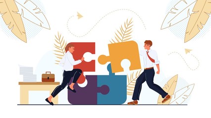 Business colleagues businesspeople team put business missing jigsaw puzzle piece. Solution generation, idea creation, strategy planning. Partnership, collaboration. Teamwork, teambuilding, connection