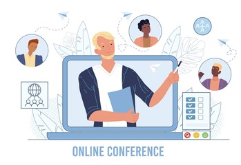 Online business video conference, meeting friends. Teamwork, communication. Internet technology global connection, web chatting. Leader, boss chief on laptop screen, interlocutors avatar talking