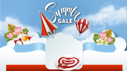 Obraz premium Summer Sale Design Template with Banner, Woman Hat, Sunglasses, Umbrella, Air Balloon, Tropical Leaves, Flowers. Seasonal Design for Coupon, Poster, Flyer. Add your message to empty space at banner.