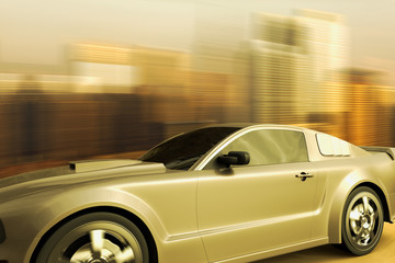 Obraz na płótnie Canvas 3D rendering of a sport car speeding in front of a skyline.