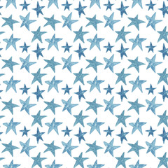 Fototapeta na wymiar Watercolor pattern of blue stars. Hand-drawn ornament isolated on white background.
