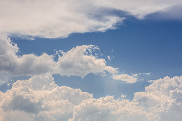 Fototapeta premium Blue sky and cloud on summer daytime, abstract wallpaper background of sky atmosphere, cloudy clear and bright beauty space outdoor nature, high view scenic landscape on summer season weather climate