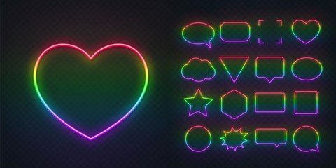 Neon frames painted in the colors of the LGBT community. Circle, square, speech bubble, star, triangle, heart, hexagon and other neon shapes on a dark transparent background.