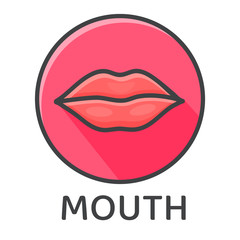 The mouth icon is flat and the long shadow of the red mouth. Isolated on white background