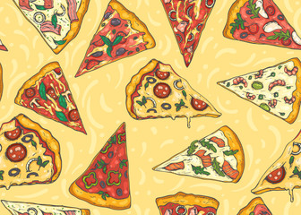 Seamless pattern with hand drawn slices of pizza