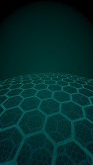 Multilayer sphere of honeycombs, green on a dark background, social network, computer network, technology, global network. 3D illustration