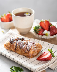 maple pecan, tea and strawberries. Breakfast, morning and spring concept