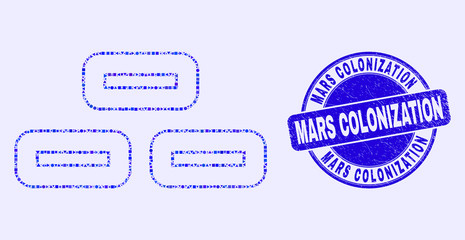 Geometric bricks mosaic pictogram and Mars Colonization seal stamp. Blue vector round distress seal stamp with Mars Colonization message. Abstract mosaic of bricks constructed of round, tringle,