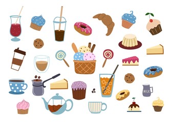 Vector set of flat hand drawn sweets and drinks.  