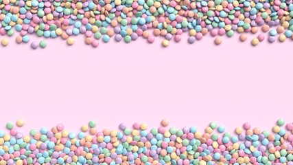 Double border of colorful coated chocolate candies in pastel tones on bright pink background. 3d illustration