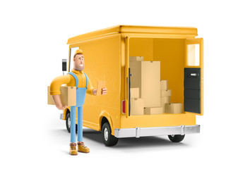 Truck delivery service and transportation. 3d illustration. Cartoon yellow car with driver character.