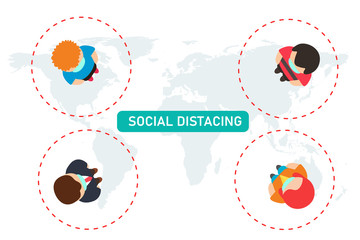Social distance vector, medical masked man in the top view Are talking with a distance of 1-2 meters