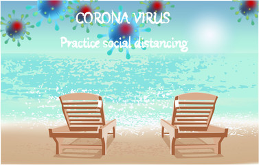 Corona Virus, practice social distancing banner with beach view, beach chairs, white medical face mask, Coronavirus Bacteria