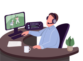 Sports commentator flat color vector faceless character. Sportive event commentary isolated cartoon illustration for web graphic design and animation. Expert overviewing baseball match