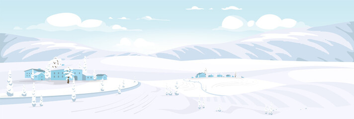 Winter scenery flat color vector illustration. Small hilltop villages 2D cartoon landscape. Buildings and vast fields covered with snow. Cold season in rural area. Countryside scenery