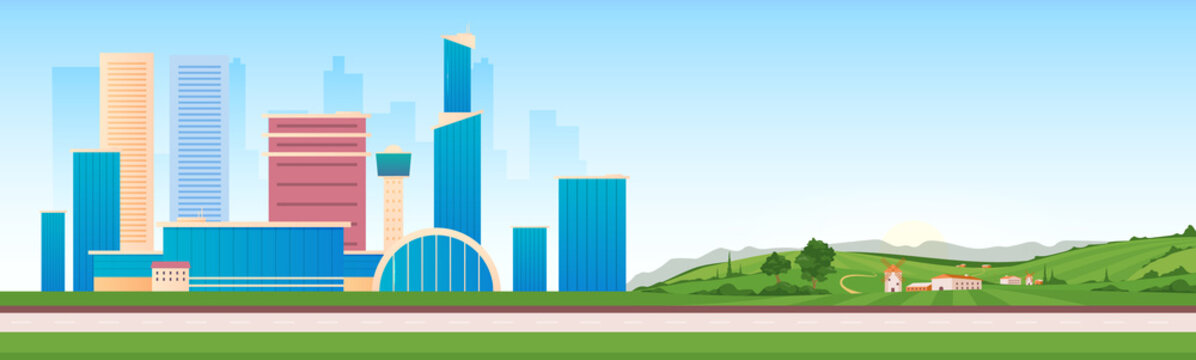 Urban And Rural Areas Flat Color Vector Illustration. Modern Infrastructure Next To Countryside 2D Cartoon Landscape. Skyscrapers And Country Houses View. City Downtown And Farms In Village