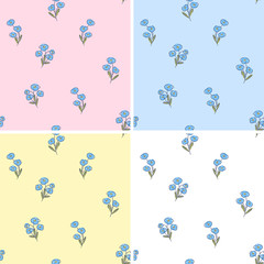 Forget-me-not childish seamless vector pattern set, floral pattern, tiny blue flowers. 4 backgrounds - pink, blue, yellow and white. Texture for kids - fabric, wrapping, textile, wallpaper, apparel. 