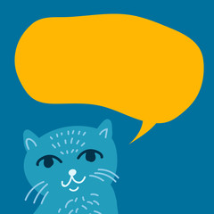  Multicolored funny cat and speech bubble. Illustration in flat cartoon style