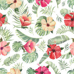 Pattern with beautiful watercolor tropical flowers and leaves. Tropics. Realistic tropical leaves. Tropical flowers. - 353377975