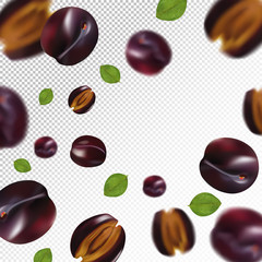 Plum background. Flying plum with green leaf on transparent background. 3D realistic fruits. Falling plum are whole and cut in half. Vector illustration.