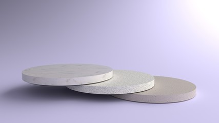 Round marble Pedestal is overlapping, Podium for display product on the pink floor. Pedestal can be used for advertising, Isolated on violet background, Product Presentation,illustration, 3D rendering