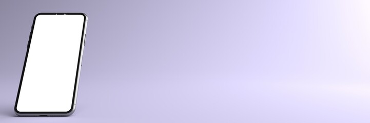 3D rendering. The Smartphone white screen on violet floor, Mobile phone mockup tilted to the ground. Smartphone white screen can be used for commercial advertising, Isolated on violet background.