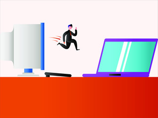Business technology vector concept: Businessman jumping from a vintage PC monitor to modern laptop computer