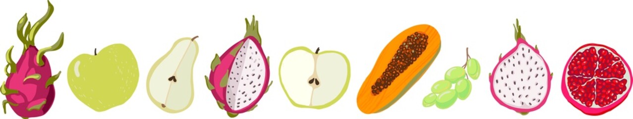 Set of fruits. Papaya, dragon fruit, apple, pear, grape, pomegranate, half of fruits. Vector illustration. Tropical exotic fruits. Healthy food